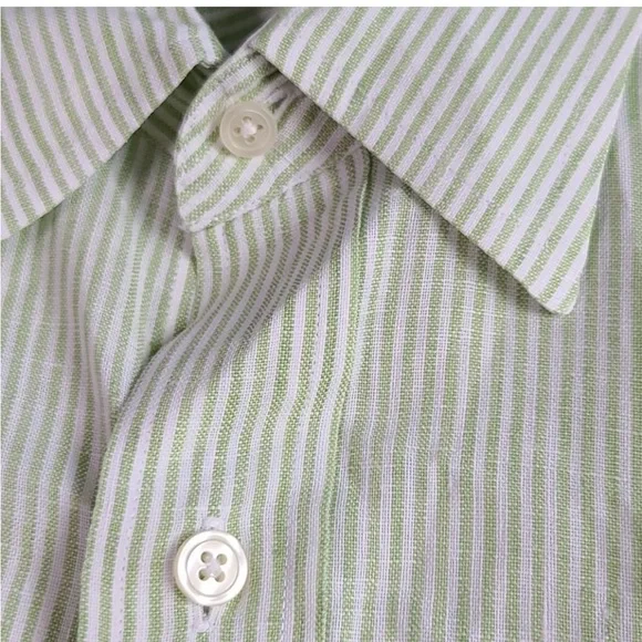 J. Crew Linen Long Sleeve Green Stripe Button down Shirt sz L - Picture 3 of 11